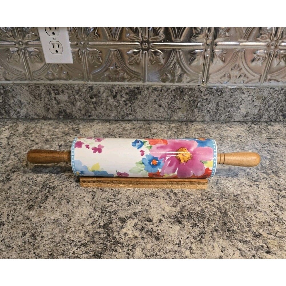 The Pioneer Woman Breezy Blossom Floral Ceramic Rolling Pin with Wood Base